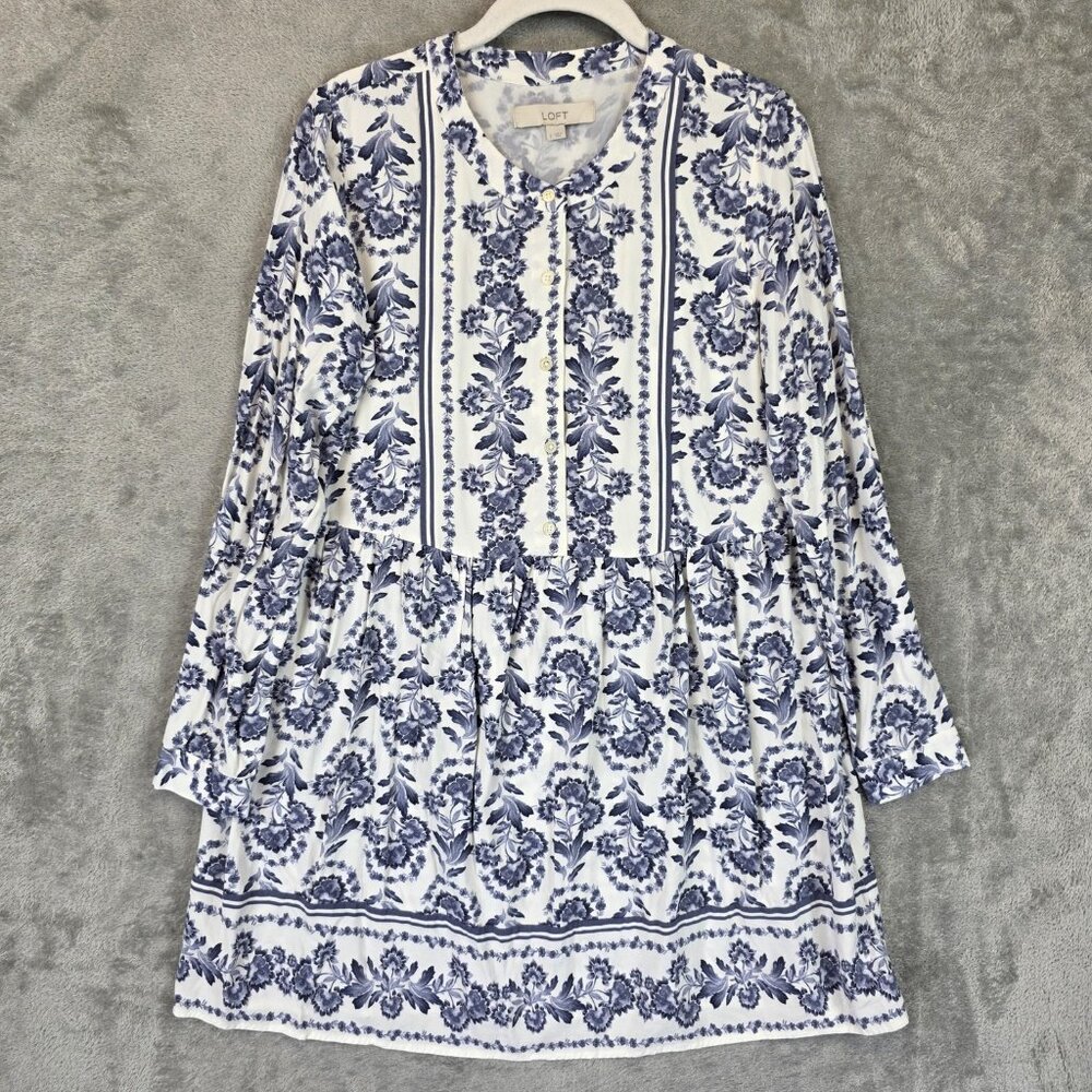 LOFT Dress Womens 2 Blue White Floral Long Sleeve Button Front Boho Mini India